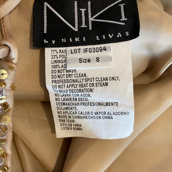 Y2K Niki Livas Gold Sequins Beaded Halter Prom Dress - Women's Size 8 - Picture 7 of 8